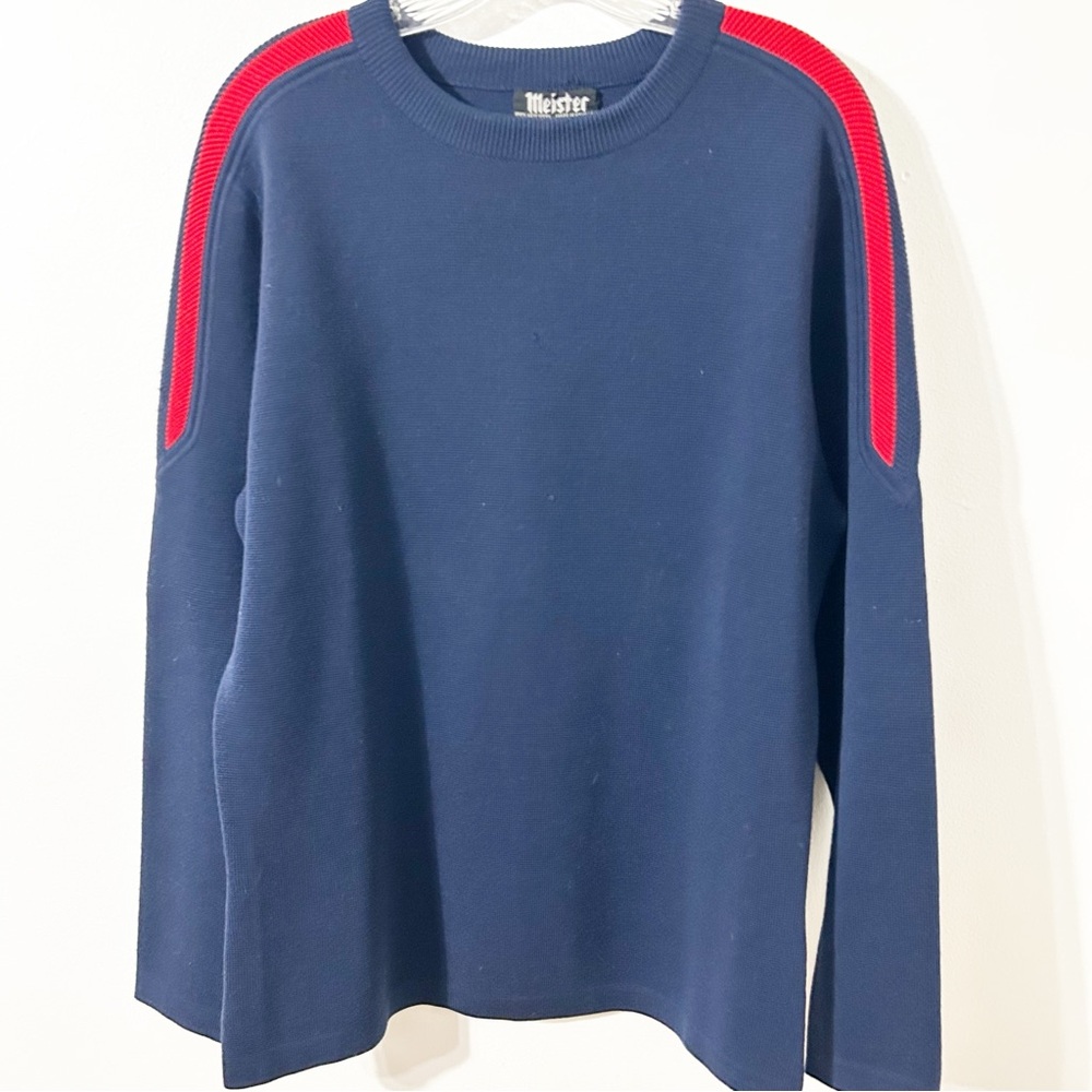 Vintage Meister Red White Blue Ski Sweater Shoulder & Sleeve Stripes Crewneck